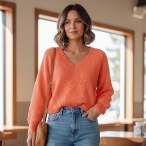Full Circle Women's Sweater Large Vibrant Orange Long Sleeve V Neck popcorn-knit
